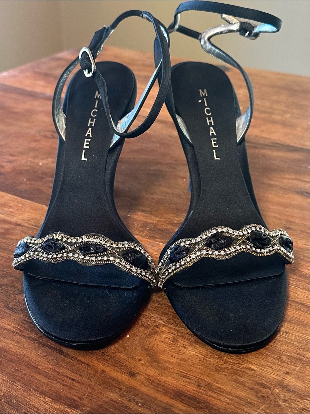 Michael - Jorga Vintage Black Satin Bejeweled Strappy High Heels Size 7.5